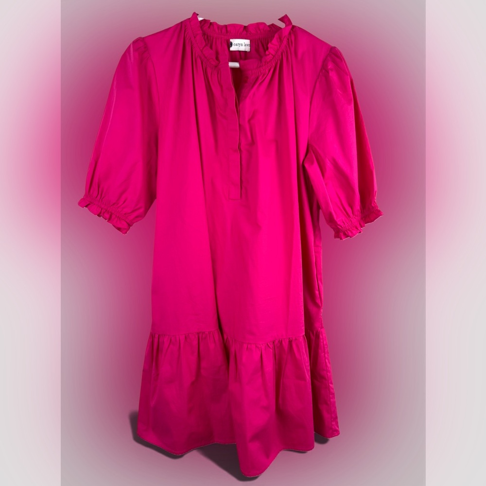 Caryn Lawn Vibrant Pink Ruffle Dress One Size 100% Cotton Pockets